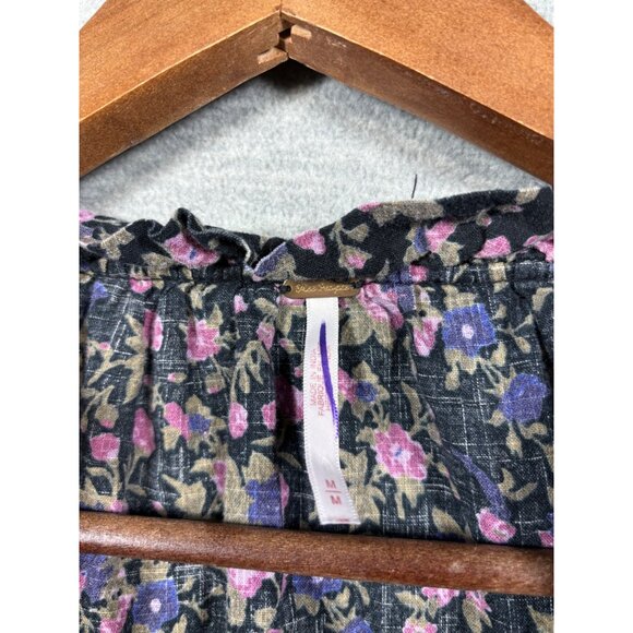 Free People Meant to Be Blouse M Black Floral Puff Boho Romantic - Picture 2 of 6
